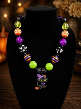 Halloween Cat Pendant Beaded Necklace in Purple, Lime, Orange & Black